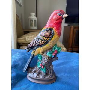 Vintage Hand Painted Red Yellow Bird Figurine Perched on Tree Branch Home Decor